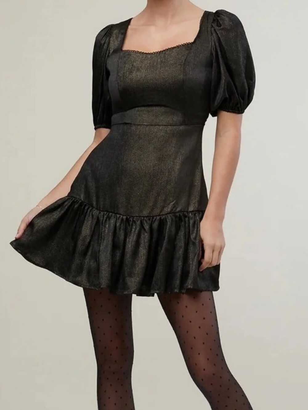 New Rachel Parcell Puff Sleeve Ruffle Mini Dress 0 Gold Black Metallic Chiffon